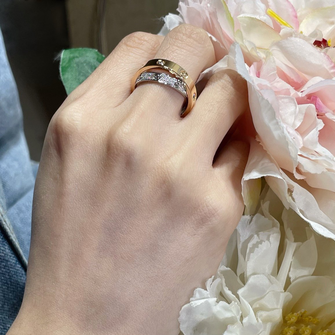 [Triumph Jewelry]LOVE PINK GOLD SILVER DIAMOND DOUBLE RING