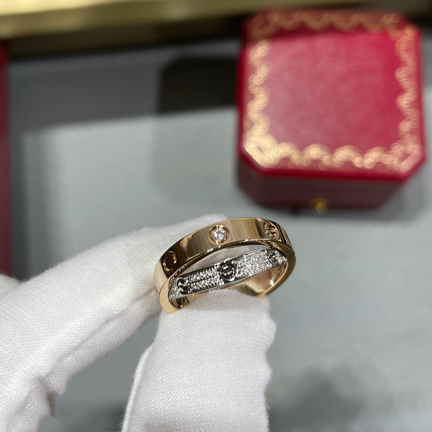 [Triumph Jewelry]LOVE PINK GOLD SILVER DIAMOND DOUBLE RING