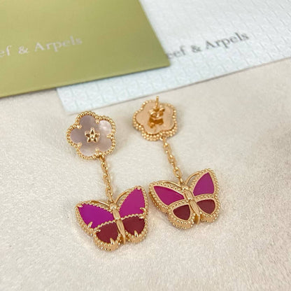 [Triumph Jewelry]ROSE QUARTZ TWO‑FLOWER BUTTERFLY DROP EARRINGS