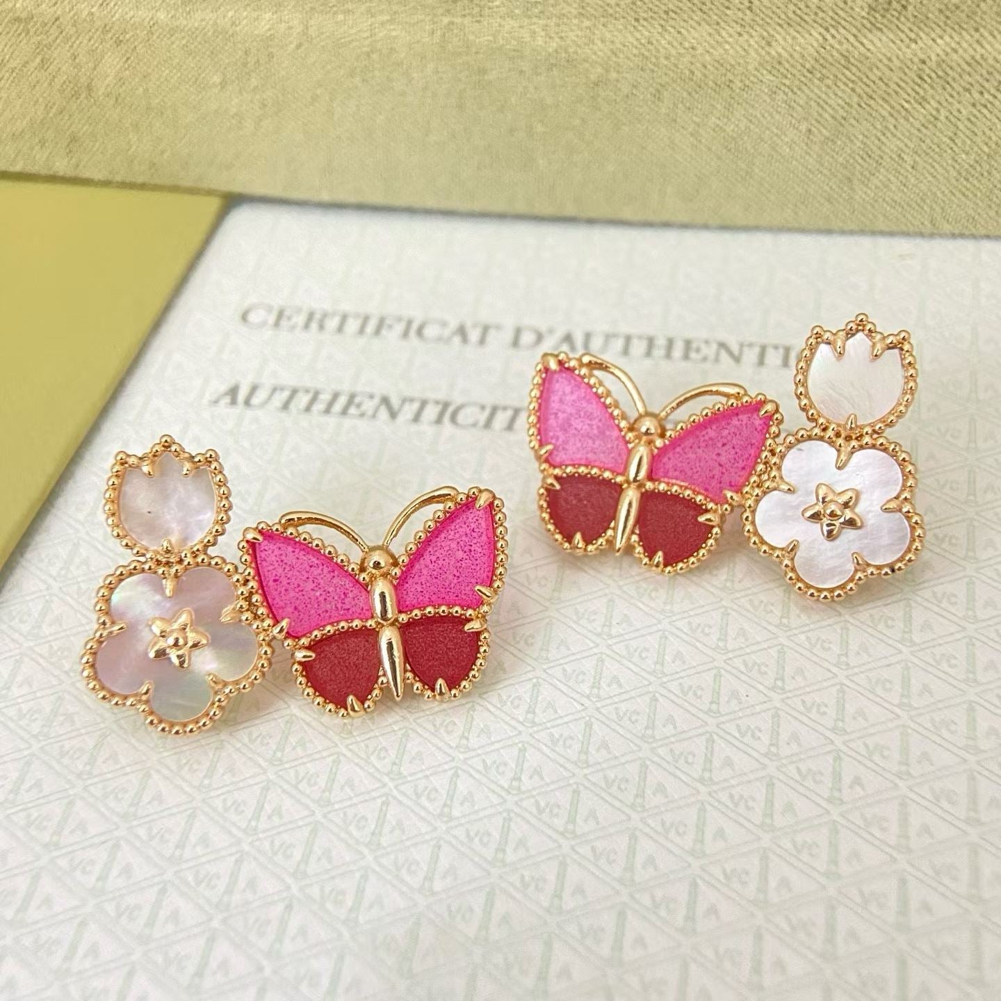 [Triumph Jewelry]ROSE QUARTZ THREE‑IN‑ONE BUTTERFLY STUD EARRINGS