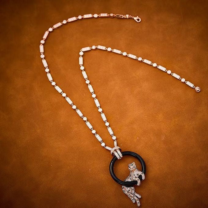 [Triumph Jewelry]NEW BLACK CIRCLE PANTHER FULL DIAMOND NECKLACE