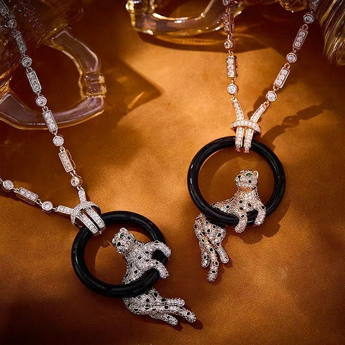 [Triumph Jewelry]NEW BLACK CIRCLE PANTHER FULL DIAMOND NECKLACE