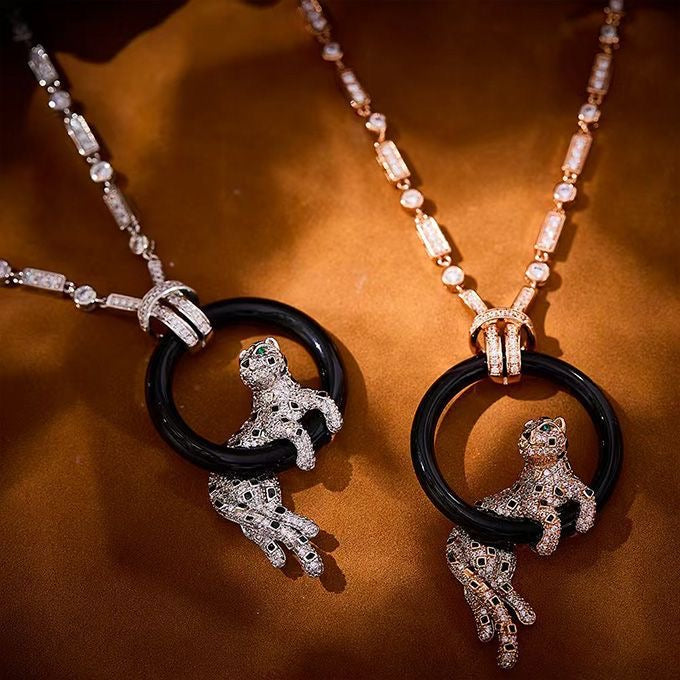 [Triumph Jewelry]NEW BLACK CIRCLE PANTHER FULL DIAMOND NECKLACE
