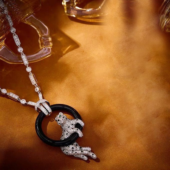 [Triumph Jewelry]NEW BLACK CIRCLE PANTHER FULL DIAMOND NECKLACE
