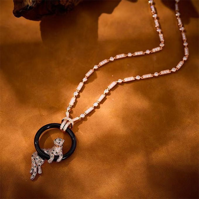 [Triumph Jewelry]NEW BLACK CIRCLE PANTHER FULL DIAMOND NECKLACE