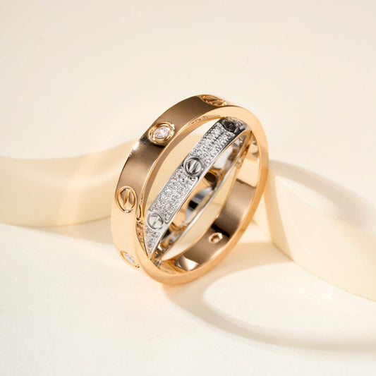 [Triumph Jewelry]LOVE PINK GOLD SILVER DIAMOND DOUBLE RING