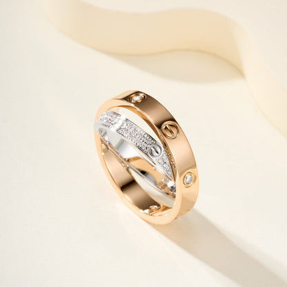 [Triumph Jewelry]LOVE PINK GOLD SILVER DIAMOND DOUBLE RING