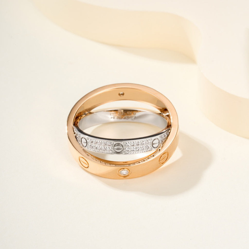 [Triumph Jewelry]LOVE PINK GOLD SILVER DIAMOND DOUBLE RING