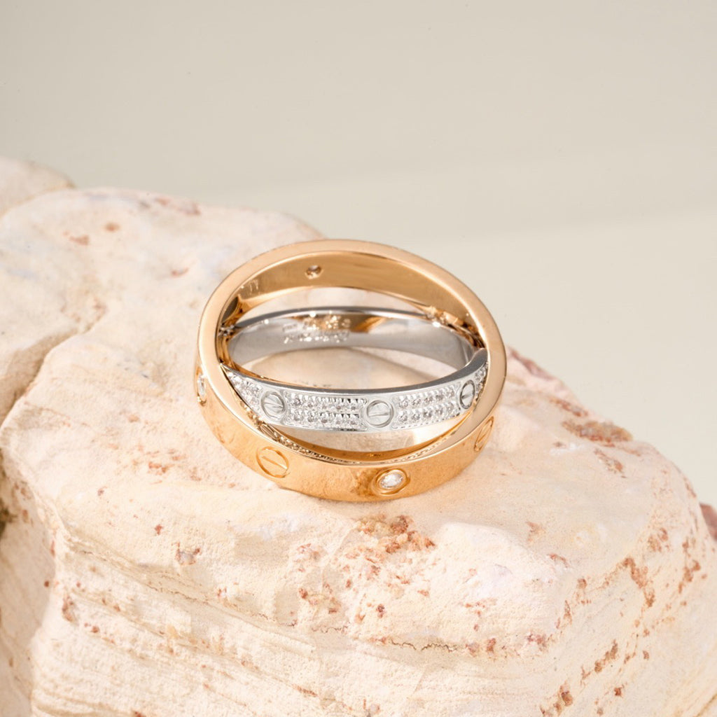 [Triumph Jewelry]LOVE PINK GOLD SILVER DIAMOND DOUBLE RING