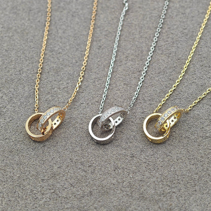 [Triumph Jewelry]LOVE DOUBLE RING HALF DIAMOND NECKLACE
